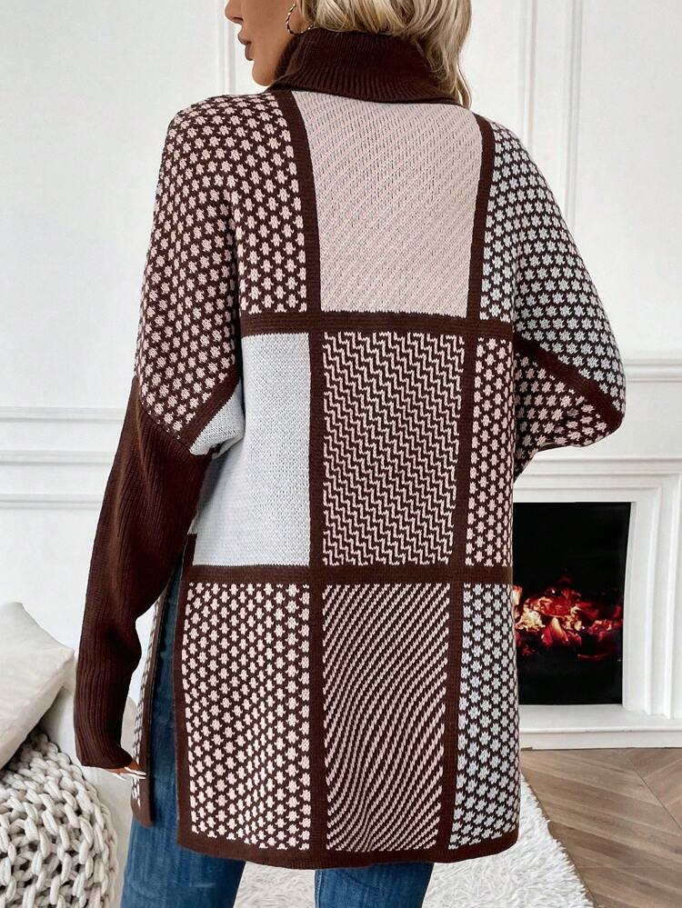 Women's Plaid Hem Slit Knit Pullover Fall Winter Sweater
