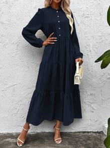 SHEIN Clasi 純色紐帶裝飾荷葉邊連身裙 - 藏蓝色 - 查看 1