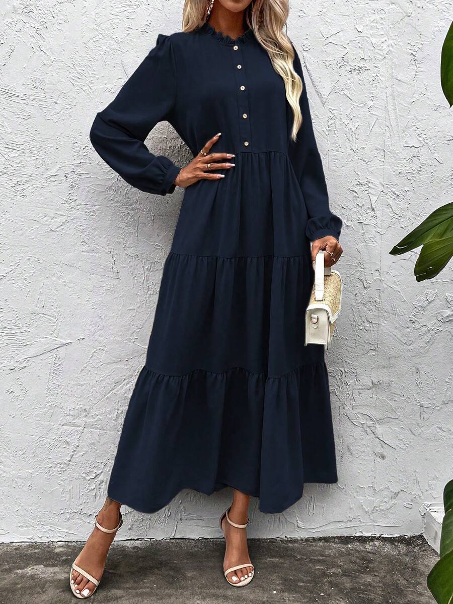 SHEIN Clasi 純色紐帶裝飾荷葉邊連身裙 - 藏蓝色 - 查看 1