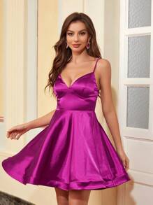 SHEIN Belle Solid Satin Cami Cocktail Dress - Hot Pink - View 6