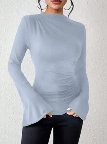 Chiquease Solid Color Flare Sleeve T-Shirt Fall Cloth For Women - Baby Blue - View 3