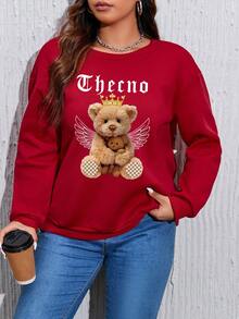 Plus Size Bear Pattern Pullover Sweatshirt - Red - View 5