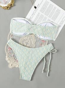 Swim Mod Letni plażowy komplet bikini typu bandeau z kwiatowym, żakardowym sznurkiem
