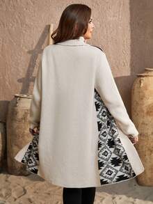 SHEIN VCAY Kích thước lớn Họa tiết Hình học Vá lại Mặt trước Mở Áo len Mở - Xám - Xem 2