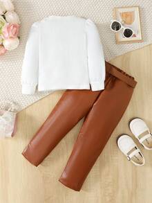 SHEIN 女小童泡泡袖T恤&腰帶PU皮革長褲 - 棕色 - 查看 2