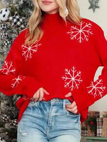 Suéter feminino de malha vermelha com floco de neve e manga comprida, blusa de Natal - Vermelho - Ver 8