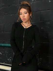 Coolane Zip Up Raglan Sleeve Drawstring Hooded Cardigan - Black - View 3