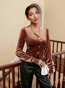 Aveloria V-Neck Velvet Long Sleeve Shirt Fall Cloth For Women - Brown - View 3