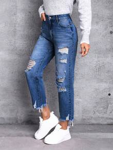 SHEIN Distressed Denim Jeans - Dark Wash - View 3