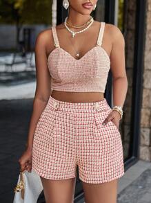 SHEIN Slayr In kẻ sọc Túi nghiêng Quần short vải nỉ - Đỏ - Xem 1