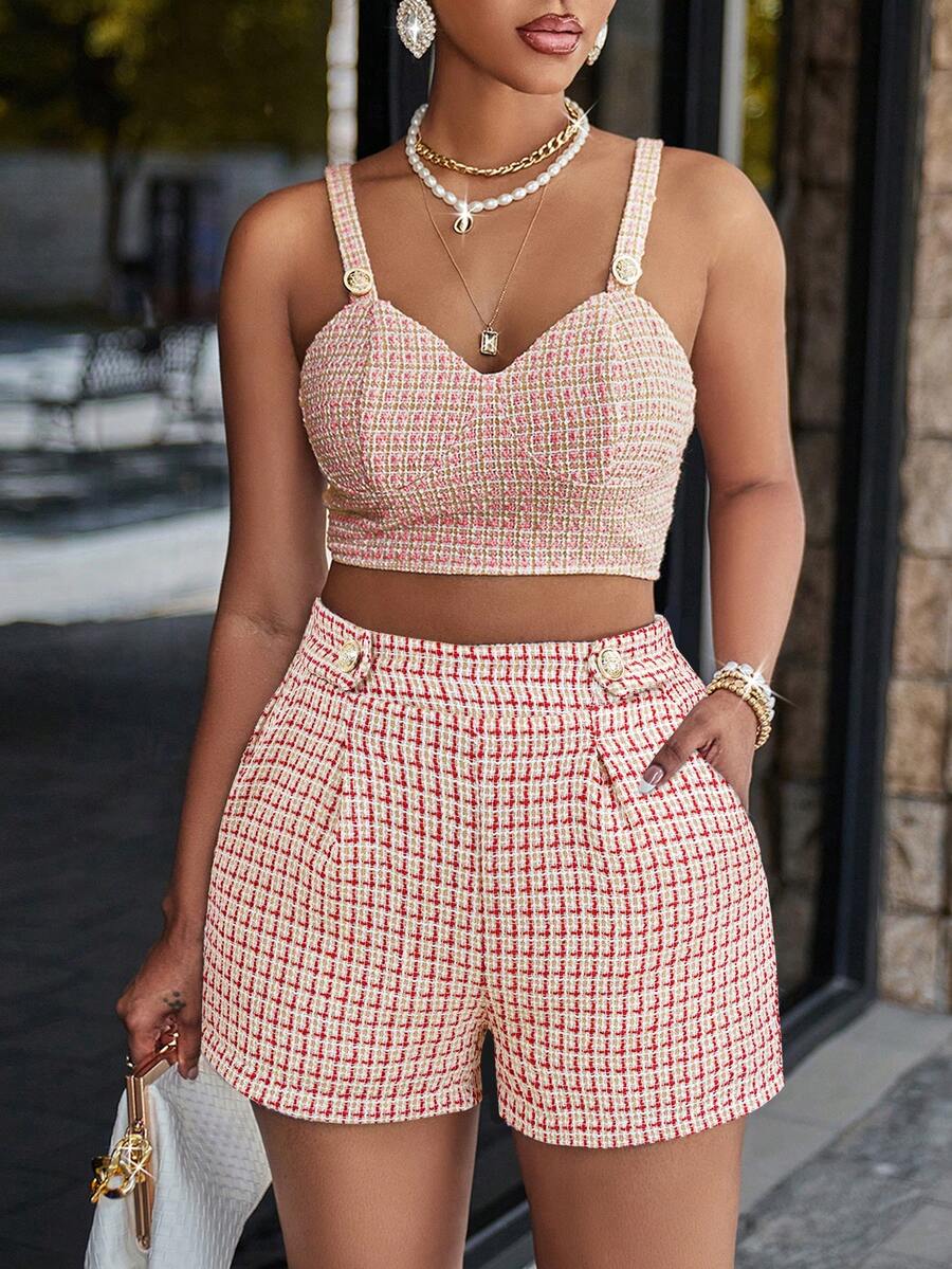 SHEIN Slayr In kẻ sọc Túi nghiêng Quần short vải nỉ - Đỏ - Xem 1