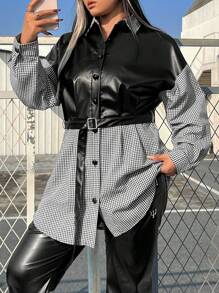 SHEIN EZwear 大尺碼腰帶pu拼接格子外套 - 黑與白 - 查看 1