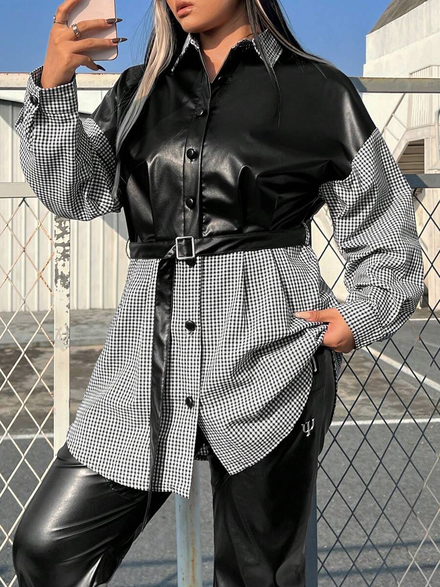 SHEIN EZwear 大尺碼腰帶pu拼接格子外套 - 黑與白 - 查看 1