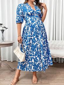 Calvaya 大尺碼花卉印花洋裝 - 藍色 - 查看 1