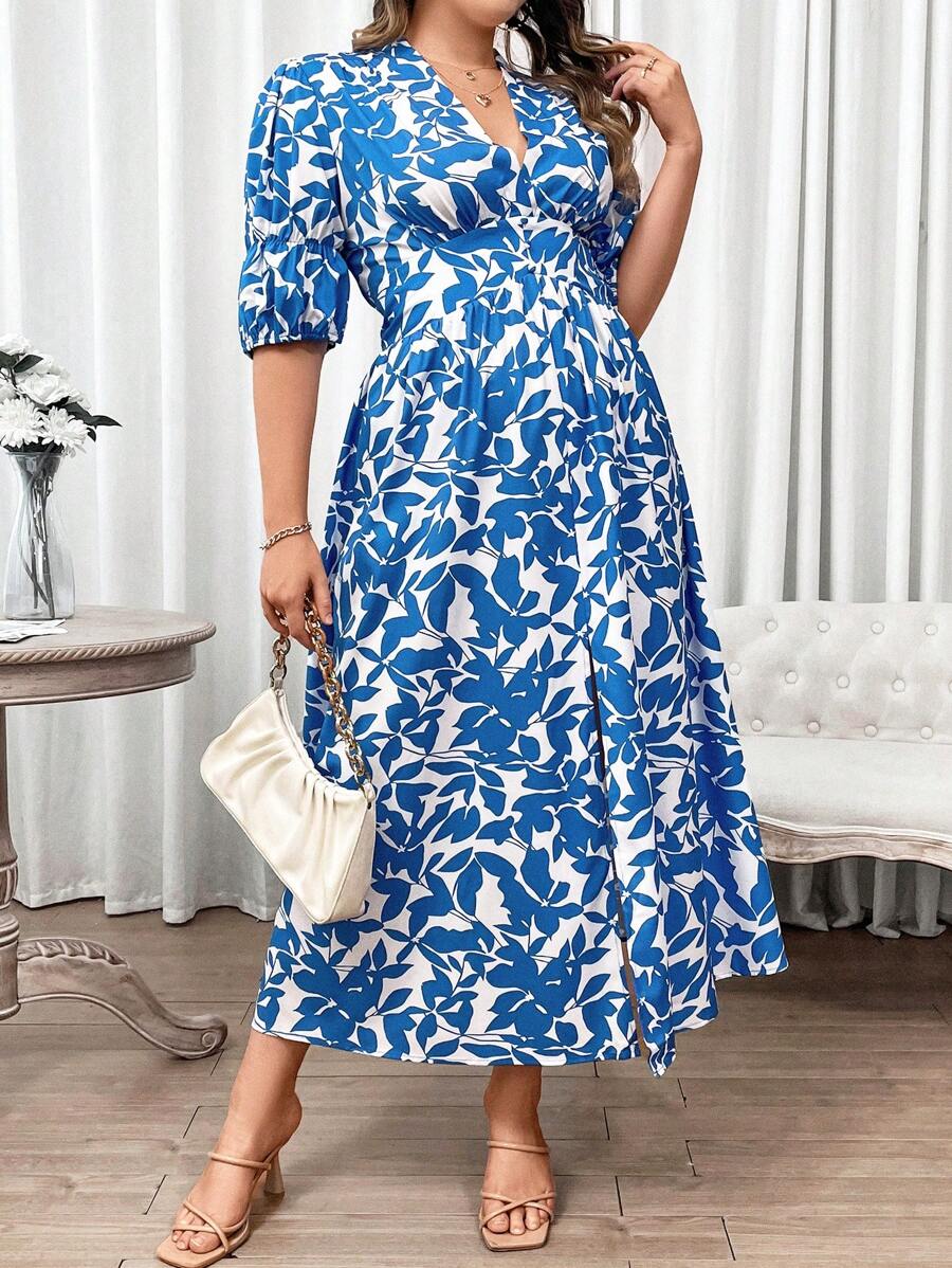 Calvaya 大尺碼花卉印花洋裝 - 藍色 - 查看 1