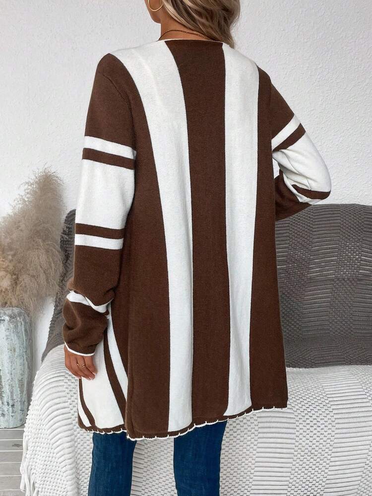 Striped Pattern Waterfall Collar Cardigan