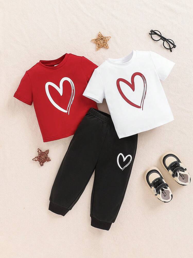 Baby Boys' Love Pattern Short Sleeve T-shirt And Long Pants 3-piece Outfit