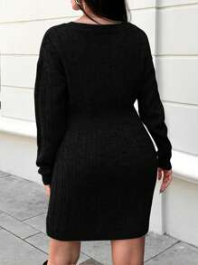 EURMUSE Plus Size Cable Knit Sweater Dress With V-Neckline, For Winter - Black - View 2