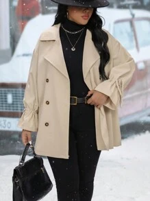 Calvaya Hơn Đôi ngực tay áo lá sen Thắt lưng Áo khoác Trench - Màu Khaki - Xem 5