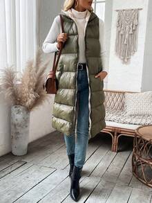 SHEIN LUNE 女士连帽加厚背心加厚加厚外套衣服冬季 - 軍綠色 - 查看 3