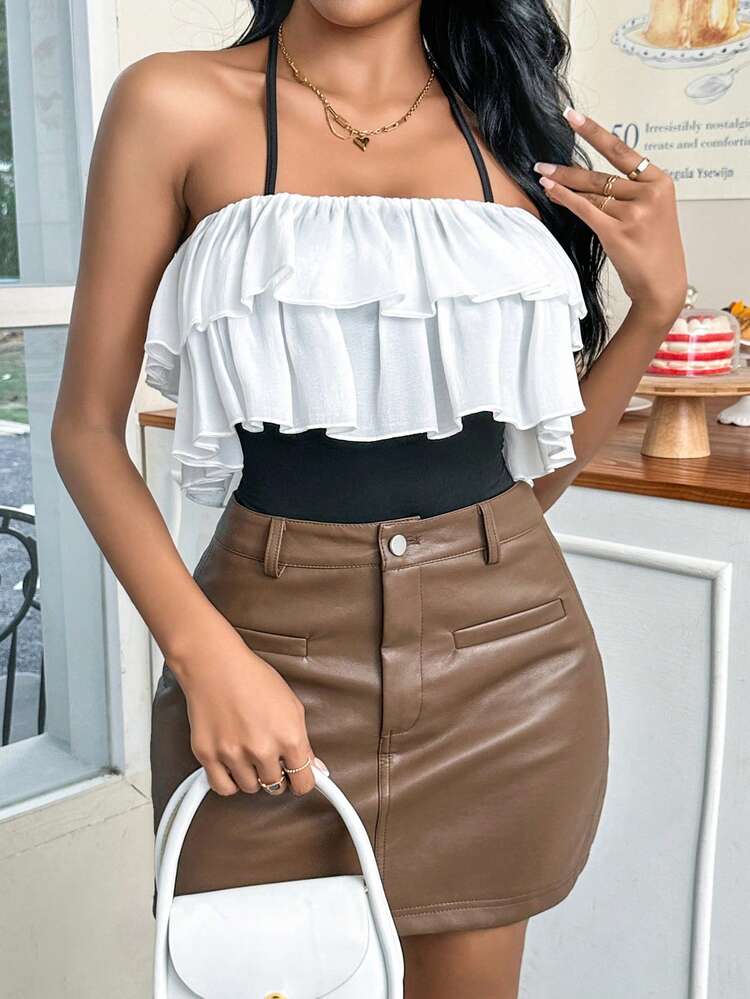 Women's Contrast Ruffle Camisole Bodysuit