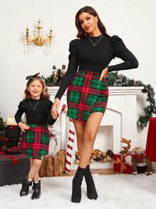 SHEIN Clasi 1pc Gigot Sleeve Tee & 1pc Plaid Print Asymmetrical Hem Skirt