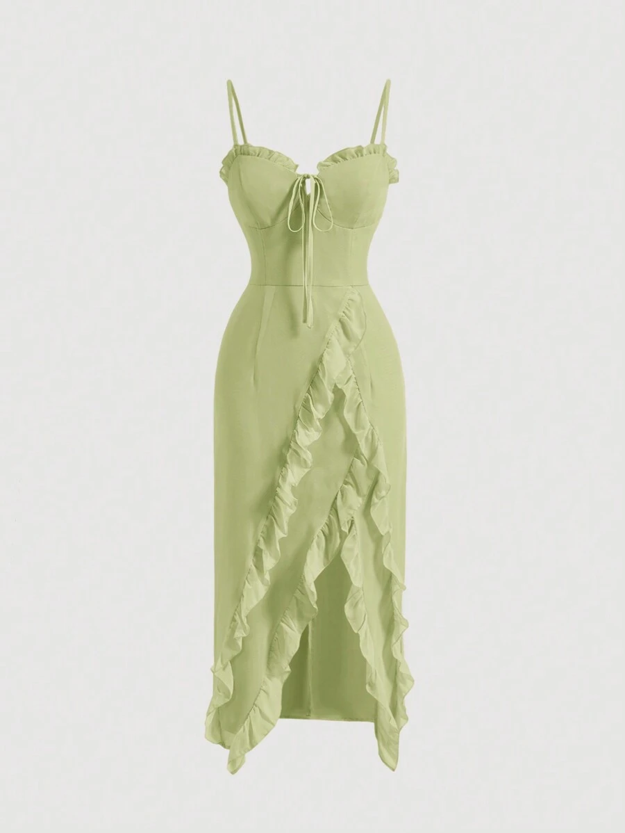 SHEIN MOD Frill Trim Tie Front Asymmetrical Ruffle Hem Cami Dress - Green - View 1