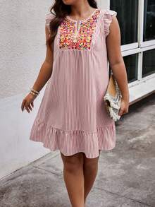 Plus Size Striped & Printed & Embroidered Patchwork Cap Sleeve Dress