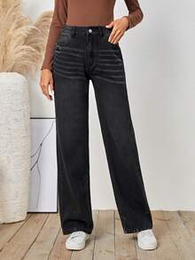 SHEIN LUNE 女性貓須細節牛仔褲 - 黑色 - 查看 6