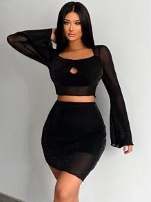 SHEIN SXY Cut Out Front Crop Top & Bodycon Skirt - Black - View 1
