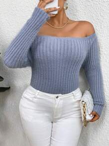 SHEIN Clasi 女士加大码露肩针织套头毛衣秋冬毛衣 - 藍色 - 查看 1