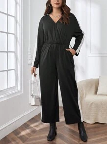 SHEIN Essnce Women's Plus Size Color Block Side Stripe Jumpsuit - Black and White - View 1
