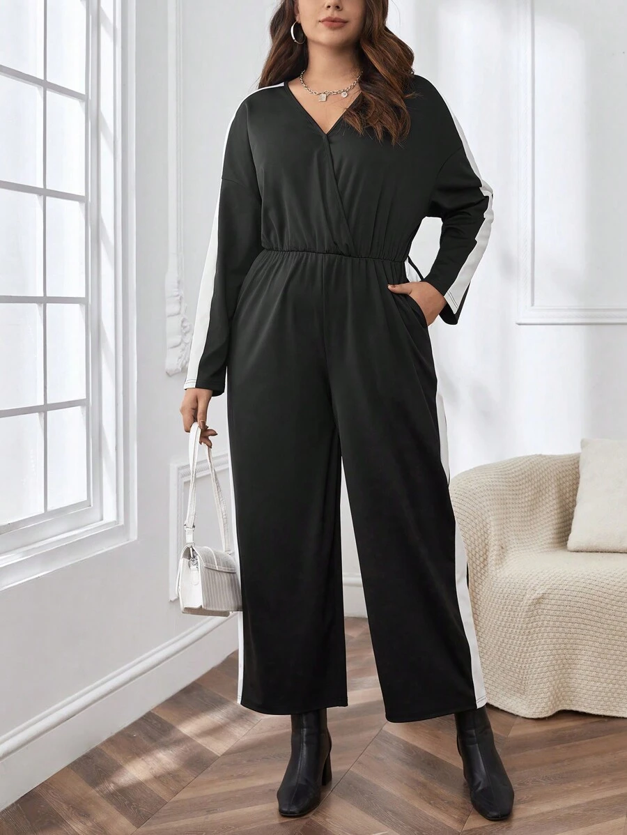 SHEIN Essnce Women's Plus Size Color Block Side Stripe Jumpsuit - Black and White - View 1