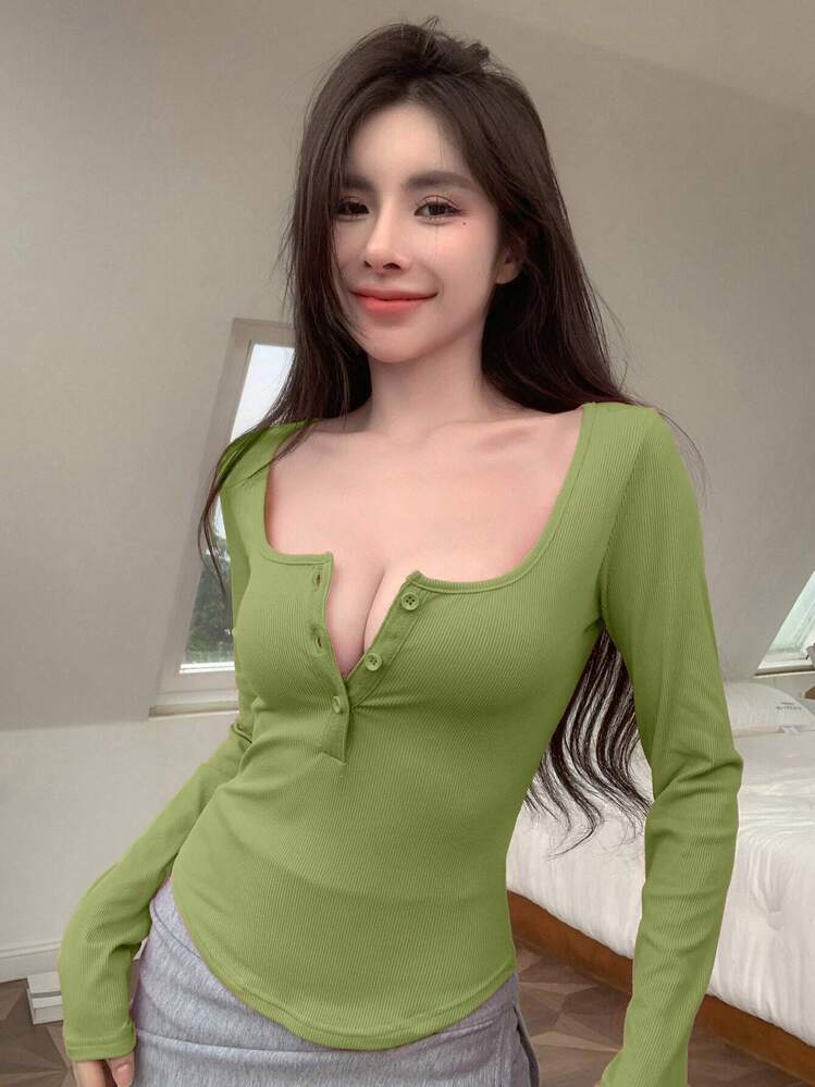 Camiseta Delgada Y Sólida Con Botones Delanteros - Verde - Añade 2