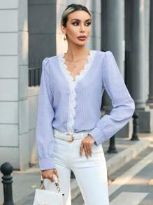 SHEIN Clasi Ladies' Patchwork Lace Striped Shirt - Blue - View 5