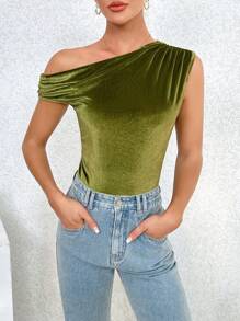 SHEIN Privé Women's Asymmetrical Collar & Pleated Detail Top - Green - View 3