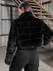 SHEIN Unity Zip Up Crop Teddy Jacket Black Fur Jacketplush Jacketcropped Jacketcrop Jacketcrop Jackets For Women Fall Winter Cloth For Women - Black - View 2
