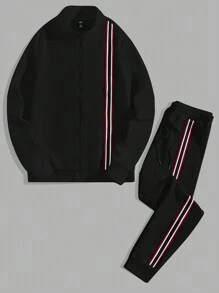 Manfinity RebelGame Men Striped Zip Up Jacket & Drawstring Waist Sweatpants - Black - View 1