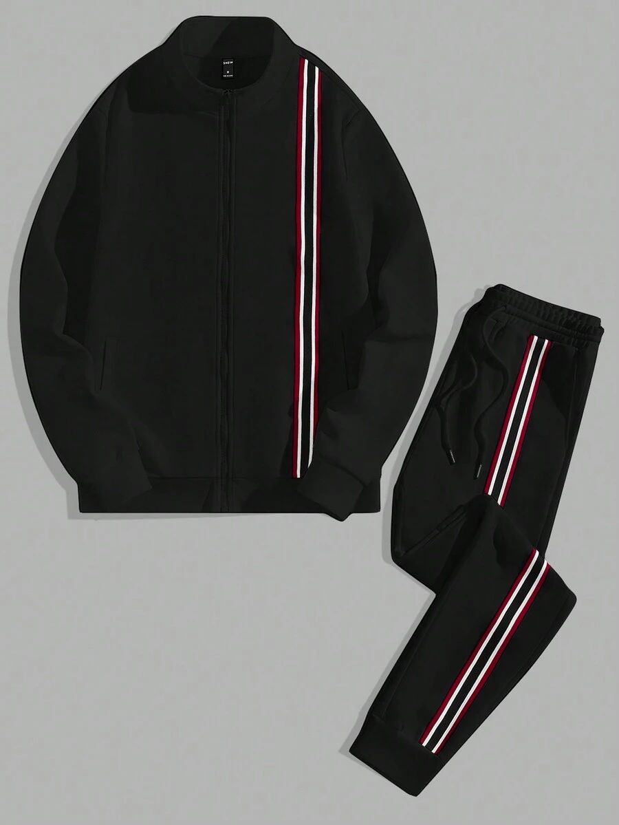 Manfinity RebelGame Men Striped Zip Up Jacket & Drawstring Waist Sweatpants - Black - View 1