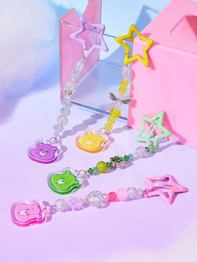 ROMWE X Care Bears 4pcs/Set Cartoon Co-Branded Heart Beaded Hair Clip Set Cute