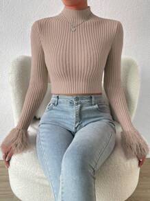 Zolique Solid Color Half High Neck Cropped Knit Pullover Fall Winter Sweater - Camel - View 4