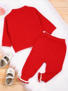 嬰兒女童花卉裝飾雙口袋毛衣套裝 - 紅色 - 查看 2