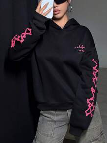 SHEIN Unity 女性圖案落肩袖連帽衫 - 黑色 - 查看 5