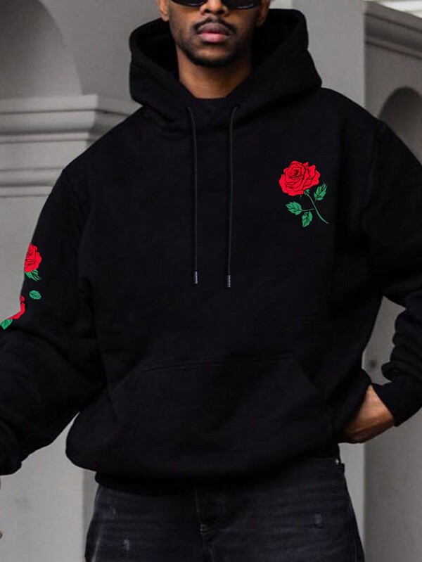 Manfinity Homme Men's Floral Print Drawstring Hoodie Going Out Street Wear Black Graphic Long Sleeve Hoodie, For Friends, Husband, Boyfriend Gifts