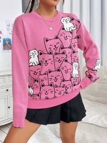 SHEIN EZwear 女用卡通貓圓領毛衣 - 粉色 - 查看 6