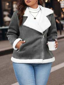 Calvaya 大码休闲保暖内衬毛领夹克，秋冬款 - 深灰色 - 查看 4