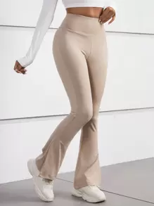 SHEIN PETITE Thắt lưng rộng Quần ống loe - Màu Khaki - Xem 1