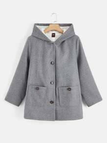 SHEIN CURVE+ Hơn Túi Kép Lót Teddy Áo trùm đầu - Màu Xám nhạt - Xem 2