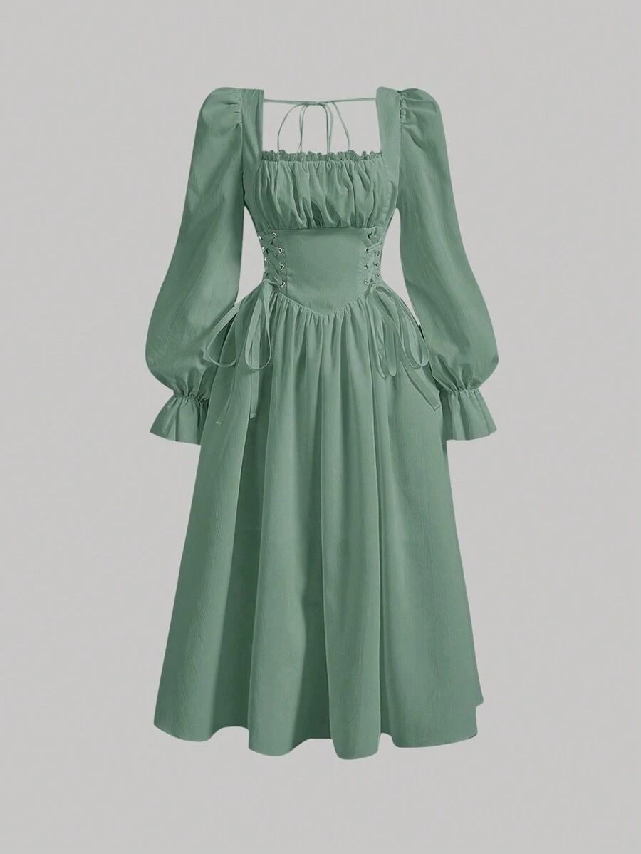 SHEIN MOD 方领荷叶边袖系带连衣裙 - 綠色 - 查看 1