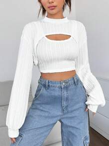 SHEIN EZwear Women's White Knitted Sweatshirt - White - View 1